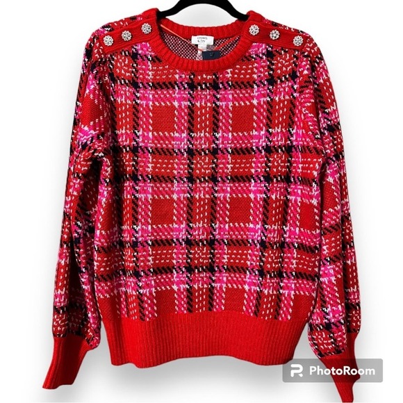 Crown & Ivy women’s size large red plaid pullover sweater rhinestone shoulders - Picture 1 of 11